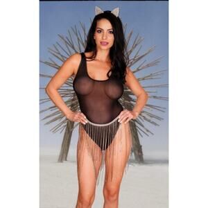 🦋B2G1🦋WESTERN FASHION Sheer Mesh Stretch Bodysuit Holographic Glitter Trim O/S